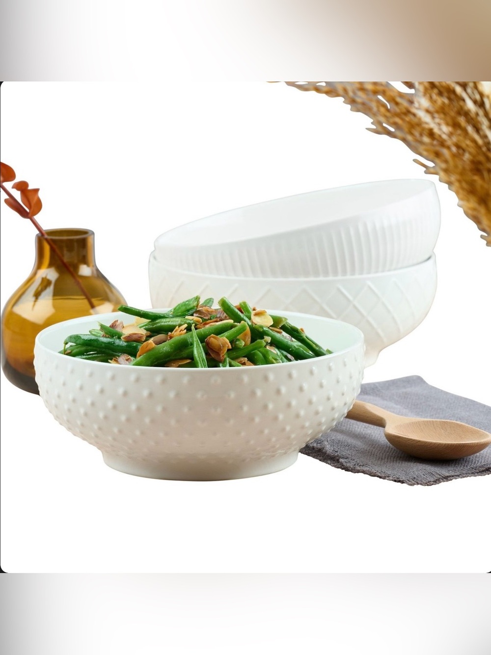 Trudeau Set of 3 White Ceramic Serving Bowl - Textured Design